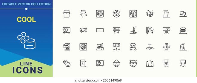Cool icon collection. Featuring vent, ventilation, condition and more. Cooling icon set. Minimal icons set. Editable stroke. Vector illustration.