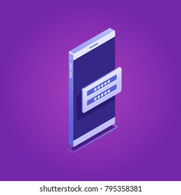 Cool icon of insert password and login on mobile device, isometric vector smartphone, personal data access violet gradient