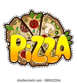 Cool icon pizza. Vector illustration of stickers isolated on white background.