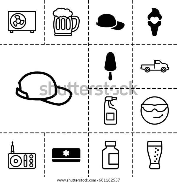 Cool icon. set of\
13 filled and outline cool icons such as ice cream on stick, ice\
cream, air conditioner, baseball cap, car, cleanser, medical\
bottle, radio, soda, beer\
mug