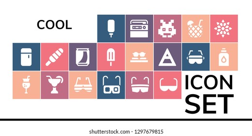  cool icon set. 19 filled cool icons. Simple modern icons about  - Water dispenser, Fridge, Cocktail, Sunglasses, Glasses, Sun glasses, Popsicle, Can, Air, Conditioner, Radio