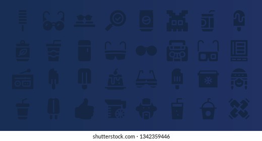 cool icon set. 32 filled cool icons. on blue background style Collection Of - Popsicle, Can, Radio, Soda, Glasses, Sunglasses, Fridge, Like, Check mark, Creme caramel, Juice, Punk