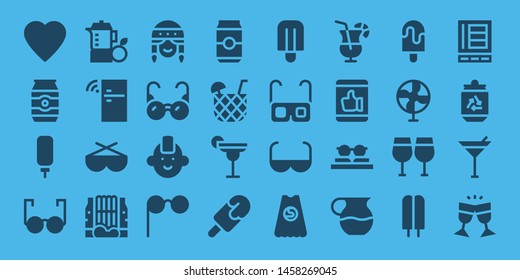 cool icon set. 32 filled cool icons. on blue background style Collection Of - Like, Can, Water dispenser, Glasses, Juice, Fridge, Sunglasses, Waterfall, Fan, Punk, Cocktail, Popsicle