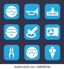 Cool icon. set of 9 filled cool icons such as nippers, cool emot in sunglasses, open air, ice cream, air conditioner, trumpet