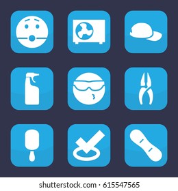 Cool icon. set of 9 filled cool icons such as cleanser, nippers, cool emot in sunglasses, surprised emot, ice cream on stick, air conditioner, snow board, baseball cap