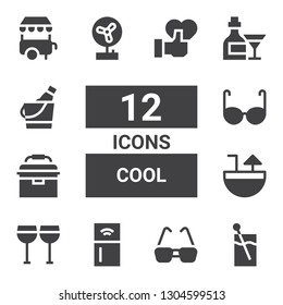 cool icon set. Collection of 12 filled cool icons included Cocktail, Glasses, Refrigerator, Portable fridge, Fan, Ice bucket, Ice cream cart, Like