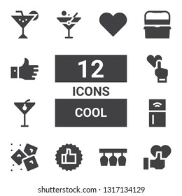 cool icon set. Collection of 12 filled cool icons included Like, Glasses, Thumbs up, Ice, Refrigerator, Cocktail, Martini, Ice box