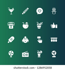 cool icon set. Collection of 16 filled cool icons included Fan, Cocktail, Radio, Glasses, Like, Punk, Popsicle, Freezer, Ring pop