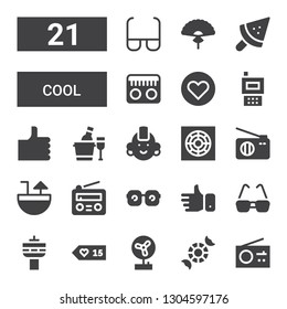 cool icon set. Collection of 21 filled cool icons included Radio, Peppermint, Fan, Likes, Glasses, Like, Eye glasses, Cocktail, Cooler, Punk, Ice bucket, Popsicle
