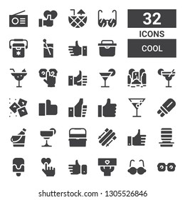 cool icon set. Collection of 32 filled cool icons included Eye glasses, Glasses, Fans, Like, Popsicle, Water dispenser, Skii, Ice box, Cocktail, Ice bucket, Thumbs up, Ice, Waterfall