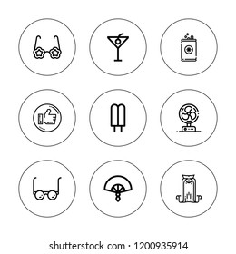 Cool icon set. collection of 9 outline cool icons with cocktail, cape, fan, like, glasses, popsicle, soda icons. editable icons.