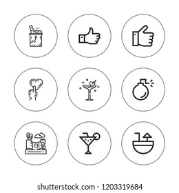 Cool icon set. collection of 9 outline cool icons with bomb, cocktail, like, thumbs up, wine bucket icons. editable icons.