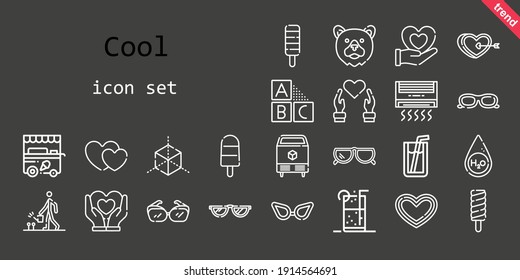 cool icon set. line icon style. cool related icons such as sunglasses, soft drink, ice cream cart, ice, soda, water, popsicle, heart, glasses, watering, cubes, hearts, air conditioner, bear