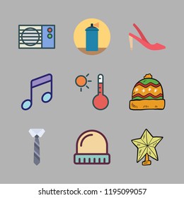 cool icon set. vector set about high hells, air conditioner, winter hat and music icons set.