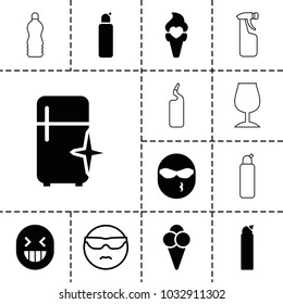 Cool icons. set of 13 editable filled and outline cool icons such as cleanser, clean fridge, ice cream, cool emot in sunglasses, cocktail