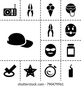 Cool icons. set of 13 editable filled cool icons such as nippers, tick, radio, ice cream, baseball cap, star, cleanser, surprised emot, medical bottle