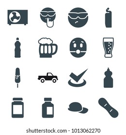 Cool icons. set of 16 editable filled cool icons such as cleanser, medical bottle, soda, beer mug, air conditioner, snow board, baseball cap, car, tick, surprised emot