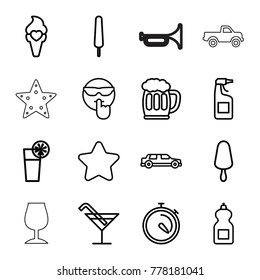 Cool icons. set of 16 editable outline cool icons such as star, cocktail, cleanser, cool emot, ice cream on stick, stopwatch, ice cream, cocktail, beer mug, car