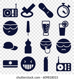 Cool icons set. set of 16 cool filled icons such as cleanser, laughing emot, ice cream on stick, stopwatch, radio, cocktail, soda, air conditioner, snow board, baseball cap