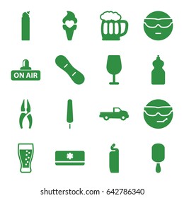 Cool icons set. set of 16 cool filled icons such as car, cocktail, cleanser, nippers, cool emot in sunglasses, ice cream on stick, ice cream, open air, soda, beer mug