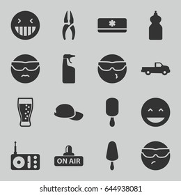 Cool icons set. set of 16 cool filled icons such as car, cleanser, nippers, laughing emot, cool emot in sunglasses, ice cream on stick, radio, open air, soda, air conditioner
