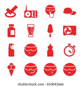 Cool icons set. set of 16 cool filled icons such as cleanser, ice cream on stick, medical bottle, stopwatch, radio, ice cream, soda, air conditioner, baseball cap