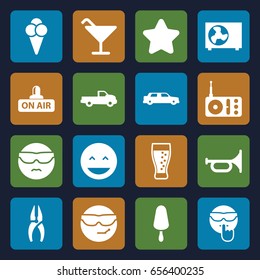 Cool icons set. set of 16 cool filled icons such as car, star, cocktail, nippers, laughing emot, ice cream on stick, radio, open air, ice cream, soda, air conditioner