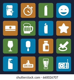 Cool icons set. set of 16 cool filled icons such as star, cocktail, cleanser, clean fridge, laughing emot, ice cream on stick, medical bottle, stopwatch, open air, radio, soda