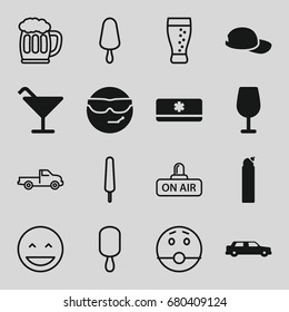 Cool icons set. set of 16 cool filled and outline icons such as cocktail, cleanser, cool emot in sunglasses, air conditioner, baseball cap, car, ice cream on stick, open air