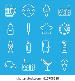 Cool icons set. set of 16 cool outline icons such as star, Cocktail, cleanser, clean fridge, nippers, ice cream on stick, stopwatch, ice cream, radio, beer mug, baseball cap