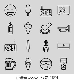 Cool icons set. set of 16 cool outline icons such as cleanser, nippers, ice cream on stick, ice cream, radio, soda, beer mug, air conditioner, laughing emot