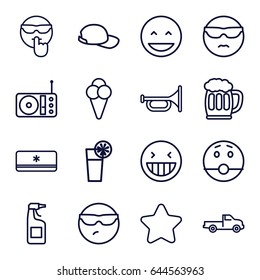 Cool icons set. set of 16 cool outline icons such as car, star, cleanser, radio, cocktail, ice cream, beer mug, air conditioner, baseball cap, laughing emot