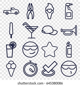 Cool icons set. set of 16 cool outline icons such as car, star, cocktail, cleanser, nippers, ice cream on stick, stopwatch, ice cream, cocktail, baseball cap