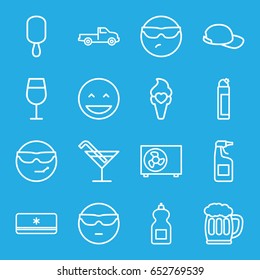 Cool icons set. set of 16 cool outline icons such as car, cocktail, cleanser, ice cream on stick, ice cream, beer mug, air conditioner, baseball cap, laughing emot
