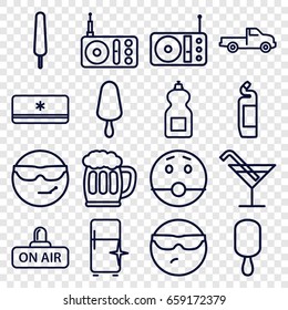 Cool icons set. set of 16 cool outline icons such as car, cocktail, cleanser, clean fridge, ice cream on stick, radio, open air, beer mug, air conditioner