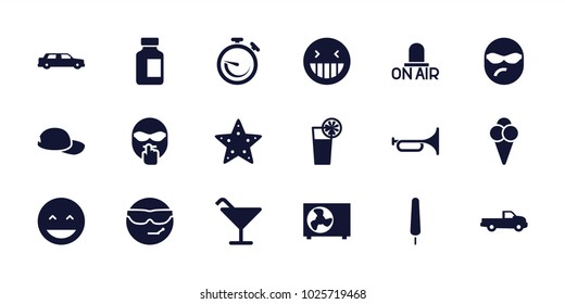 Cool icons. set of 18 editable filled cool icons: car, cocktail, laughing emot, ice cream on stick, medical bottle, cocktail, ice cream, air conditioner, baseball cap, star