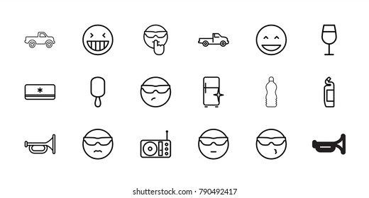 Cool icons. set of 18 editable outline cool icons: car, cocktail, cleanser, clean fridge, trumpet, laughing emot, ice cream on stick, radio