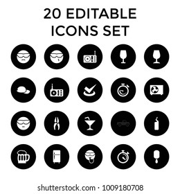 Cool icons. set of 20 editable filled cool icons such as cocktail, nippers, ice cream on stick, stopwatch, radio, beer mug. best quality cool elements in trendy style.