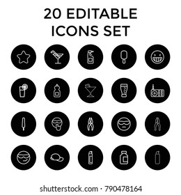 Cool icons. set of 20 editable outline cool icons such as star, cocktail, cleanser, nippers, laughing emot, ice cream on stick. best quality cool elements in trendy style.