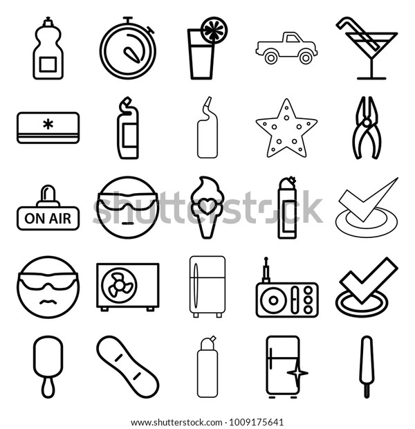 Cool icons. set of\
25 editable outline cool icons such as cocktail, cleanser, clean\
fridge, nippers, tick, cool emot in sunglasses, ice cream on stick,\
stopwatch, ice cream
