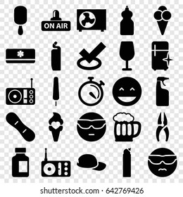 Cool icons set. set of 25 cool filled icons such as cocktail, cleanser, clean fridge, nippers, laughing emot, cool emot in sunglasses, ice cream on stick, medical bottle