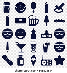 Cool icons set. set of 25 cool filled icons such as star, cocktail, cleanser, clean fridge, laughing emot, cool emot in sunglasses, ice cream on stick, medical bottle