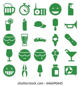 Cool icons set. set of 25 cool filled icons such as cocktail, cleanser, nippers, laughing emot, cool emot in sunglasses, ice cream on stick, medical bottle, stopwatch