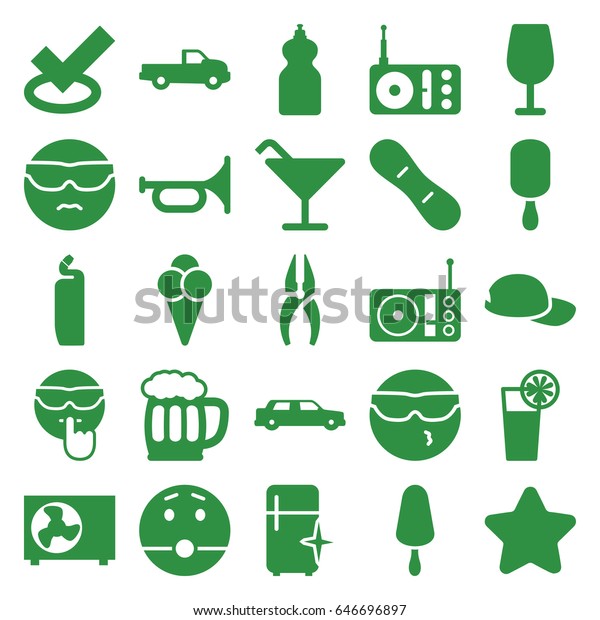 Cool icons set. set of\
25 cool filled icons such as car, star, cocktail, cleanser, clean\
fridge, nippers, surprised emot, ice cream on stick, radio,\
cocktail, ice cream