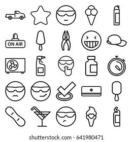 Cool icons set. set of 25 cool outline icons such as car, star, cocktail, cleanser, nippers, ice cream on stick, medical bottle, stopwatch, ice cream, open air