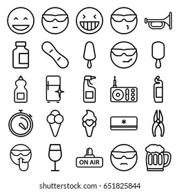 Cool icons set. set of 25 cool outline icons such as cocktail, cleanser, clean fridge, nippers, ice cream on stick, medical bottle, stopwatch, ice cream, radio, open air