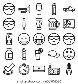 Cool icons set. set of 25 cool outline icons such as car, cocktail, cleanser, nippers, ice cream on stick, medical bottle, stopwatch, radio, cocktail, soda, beer mug