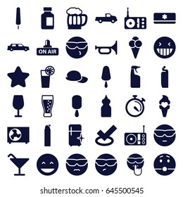 Cool icons set. set of 36 cool filled icons such as car, star, cocktail, cleanser, clean fridge, laughing emot, ice cream on stick, medical bottle, stopwatch, ice cream, radio