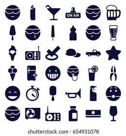 Cool icons set. set of 36 cool filled icons such as car, star, cocktail, cleanser, clean fridge, nippers, laughing emot, ice cream on stick, medical bottle, stopwatch