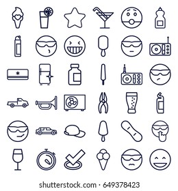 Cool icons set. set of 36 cool outline icons such as car, star, cocktail, cleanser, clean fridge, nippers, ice cream on stick, medical bottle, stopwatch, ice cream, radio